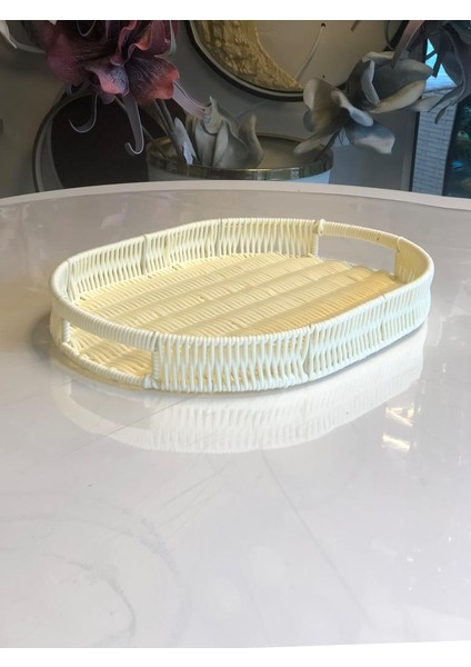Sentetik Hasır Krem Oval Tepsi 25X35CM