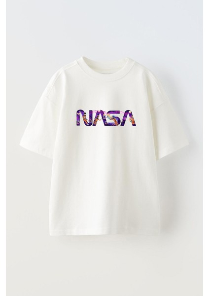 Unisex Nasa Galaxy Tasarım Baskılı Pamuk Beyaz Oversize T-Shirt