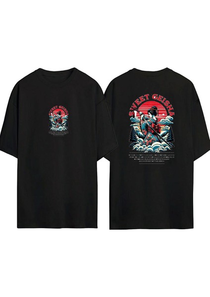 Unisex Samuray Kadın Japan Tasarım Baskılı Pamuk Sıyah Oversize T-Shirt