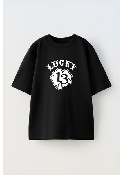 Unisex Lucky Tasarım Baskılı Pamuk Sıyah Oversize T-Shirt