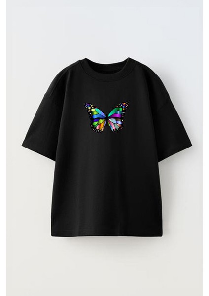 Unisex Renkli Kelebek Tasarım Baskılı Pamuk Sıyah Oversize T-Shirt
