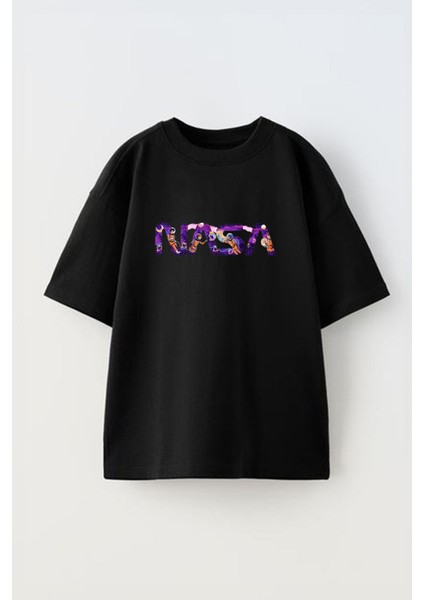 Unisex Nasa Galaxy Tasarım Baskılı Pamuk Sıyah Oversize T-Shirt
