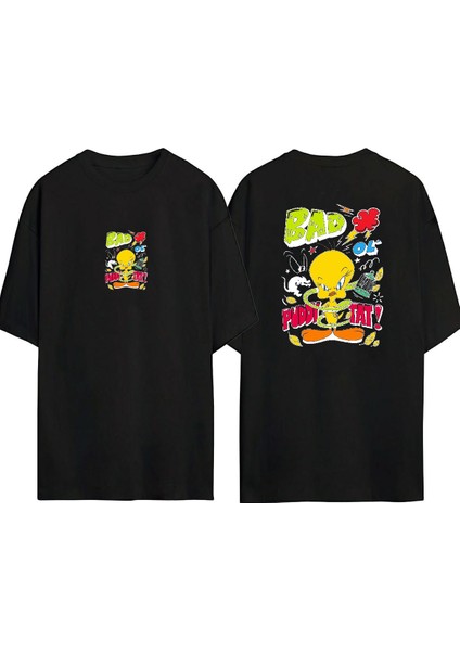 Unisex Bad Of Tweety Tasarım Baskılı Pamuk Sıyah Oversize T-Shirt