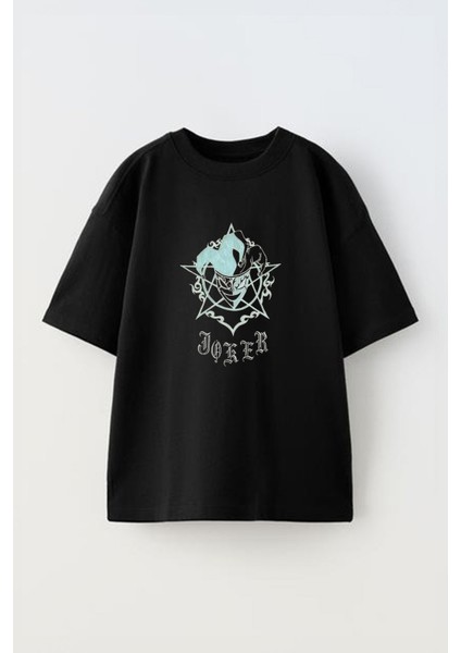 Unisex Joker Tasarım Baskılı Pamuk Sıyah Oversize T-Shirt