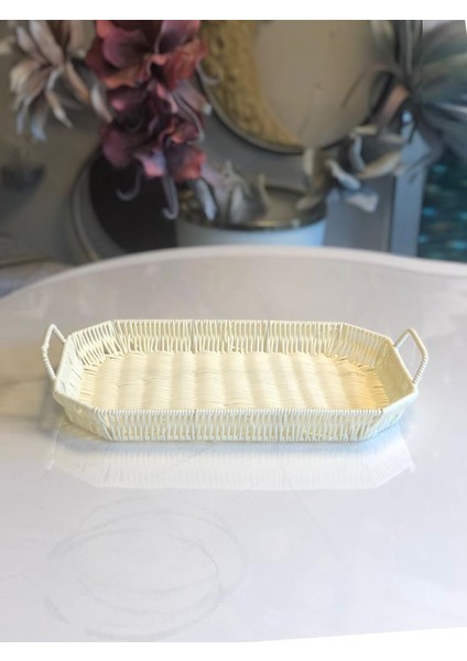 Sentetik Hasır Krem Dikdörtgen Tepsi 43X29CM