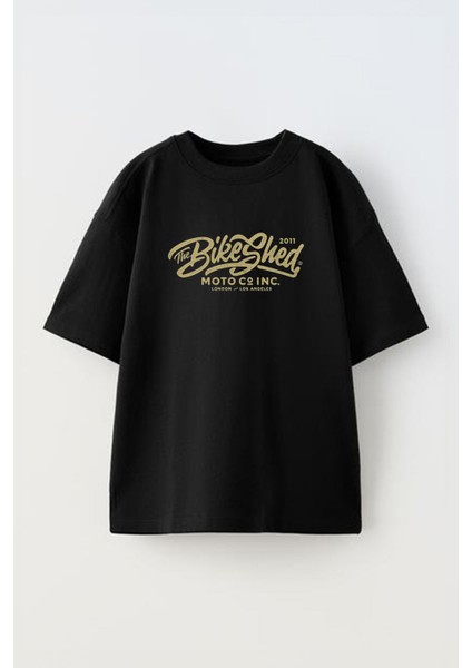 Unisex Bike Shed Tasarım Baskılı Pamuk Sıyah Oversize T-Shirt