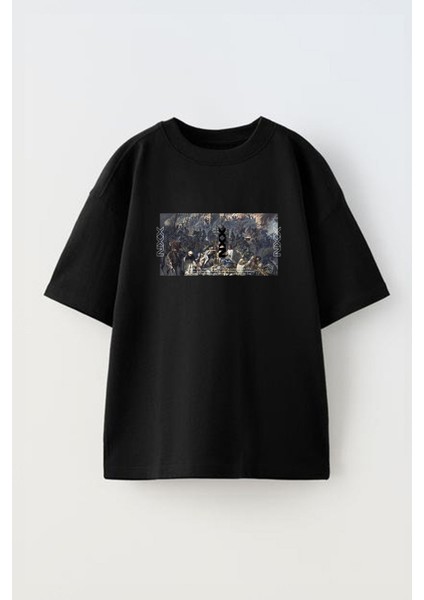 Unisex Vas Releaved Tasarım Baskılı Pamuk Sıyah Oversize T-Shirt