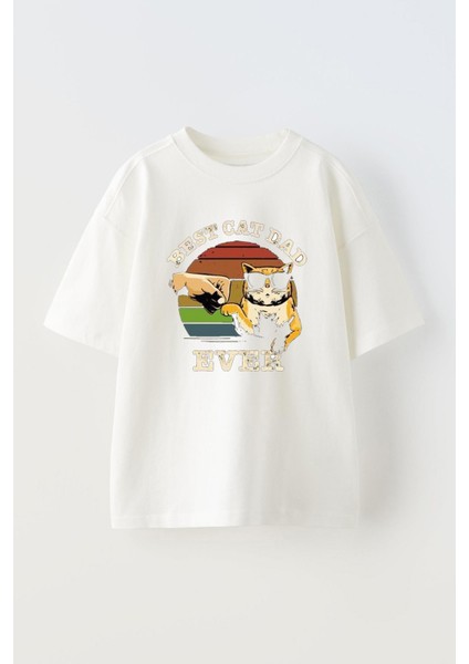 Unisex Best Cat Dad Tasarım Baskılı Pamuk Beyaz Oversize T-Shirt