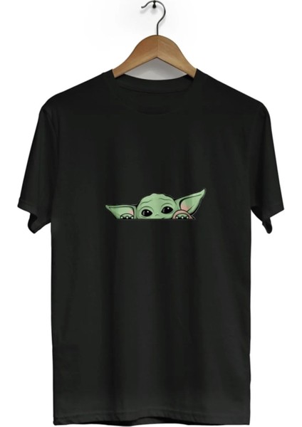 Unisex Star Wars Yoda Tasarım Baskılı Pamuk Sıyah Oversize T-Shirt