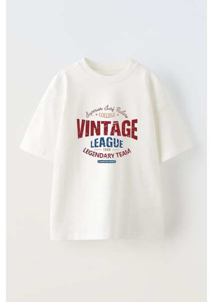 Unisex Vıtage League Tasarım Baskılı Pamuk Beyaz Oversize T-Shirt