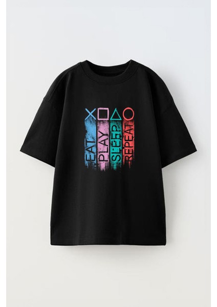 Unisex Ye Oyna Uyu Tekrarla Tasarım Baskılı Pamuk Sıyah Oversize T-Shirt