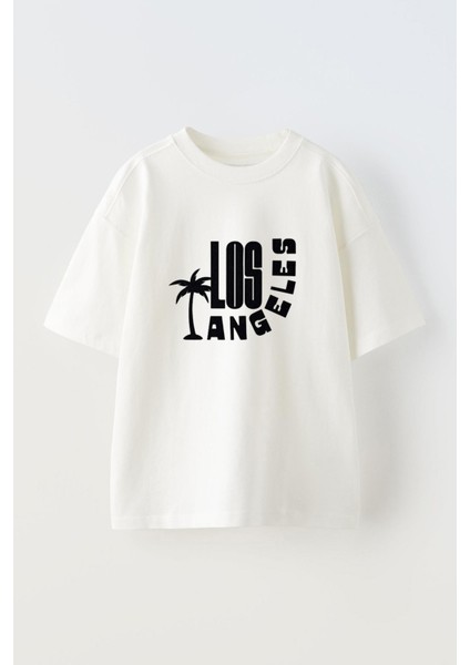 Unisex Los Angeles Palmiye Tasarım Baskılı Pamuk Beyaz Oversize T-Shirt