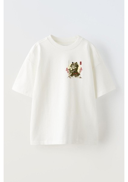 Unisex Ninja Cat Tasarım Baskılı Pamuk Beyaz Oversize T-Shirt
