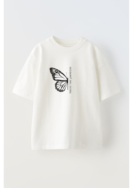 Unisex Yarım Kelebek Tasarım Baskılı Pamuk Beyaz Oversize T-Shirt