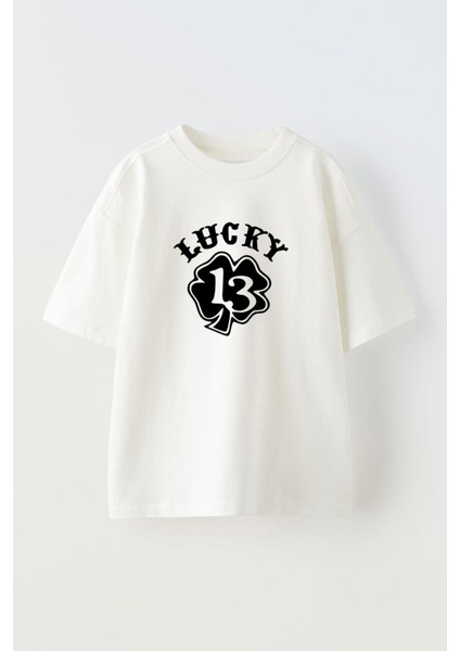 Unisex Lucky Tasarım Baskılı Pamuk Beyaz Oversize T-Shirt