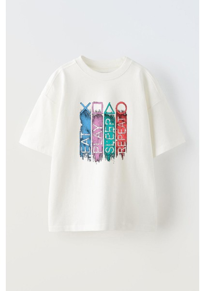 Unisex Ye Oyna Uyu Tekrarla Tasarım Baskılı Pamuk Beyaz Oversize T-Shirt