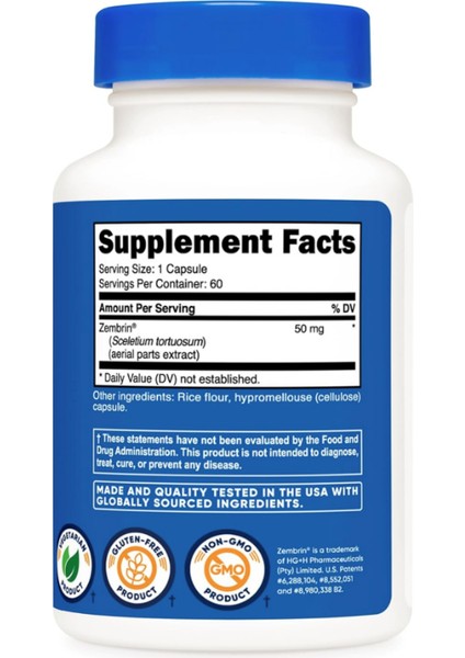 Zembrin Calm-Z With Zembrin 50mg 60 Capsul Non-Gmo Gluten Free- Usa Menşei