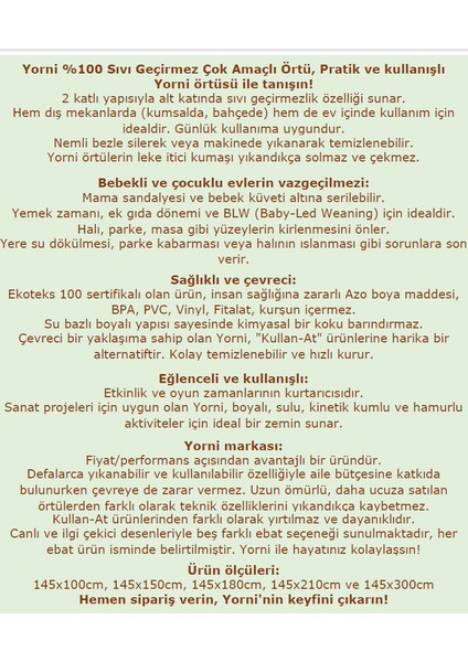 Zoo, 145X180CM Yemek, Beslenme, Ek Gıdaya Geçişte, Sıvı Geçirmeyen, Yıkanabilir, Ekstra Geniş Örtü