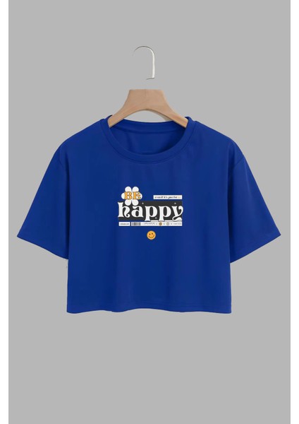 Kadın Happy Be Tasarım Baskılı Pamuk Saks Mavi Oversize Crop