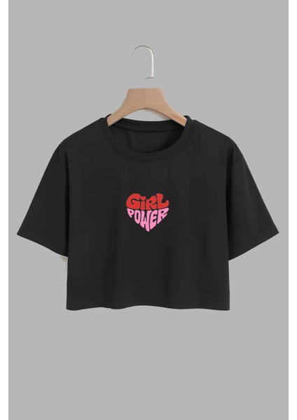 Kadın Girl Power Tasarım Baskılı Pamuk Sıyah Oversize Crop