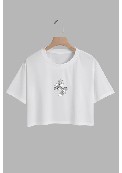 Kadın Bugs Bunny Tasarım Baskılı Pamuk Beyaz Oversize Crop