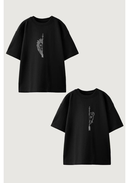 Kadın Erkek Unisex Aslan Sevgili Çift Kombini Oversize Siyah Tshirt 2'li Takım