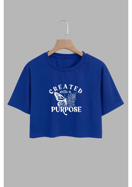 Kadın Created Purpose Tasarım Baskılı Pamuk Saks Mavi Oversize Crop