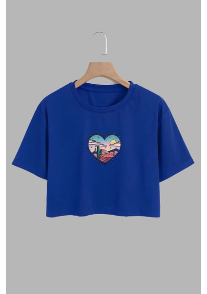 Kadın The World Is A Batter Place Tasarım Baskılı Pamuk Saks Mavi Oversize Crop