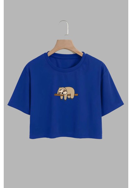 Kadın Cute Tembel Hayvan Tasarım Baskılı Pamuk Saks Mavi Oversize Crop