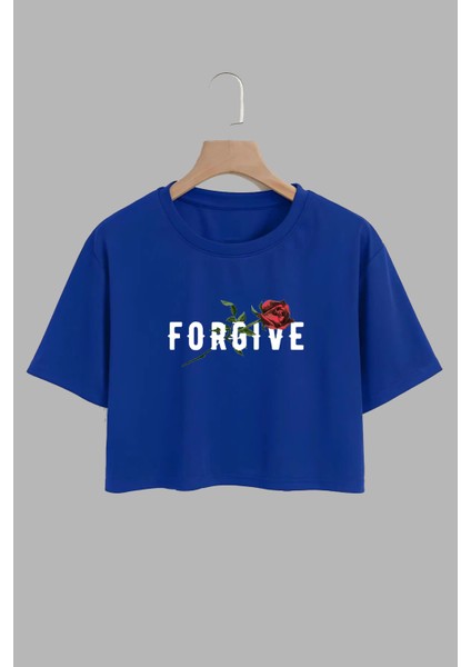 Kadın Forgive Tasarım Baskılı Pamuk Saks Mavi Oversize Crop