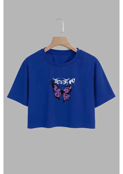Kadın Mor Kelebek Tasarım Baskılı Pamuk Saks Mavi Oversize Crop