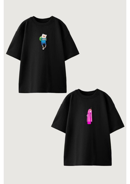 Kadın Erkek Unisex Fin Prenses Sevgili Çift Kombini Oversize Siyah Tshirt 2'li Takım