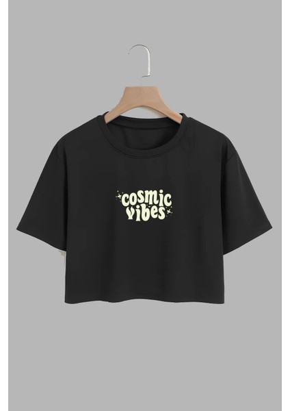 Kadın Cosmic Vibes Tasarım Baskılı Pamuk Sıyah Oversize Crop