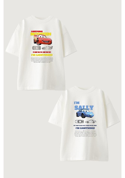 Kadın Erkek Unisex Sally & Mcqueen Cars Sevgili Çift Kombini Oversize Beyaz Tshirt 2'li Takım
