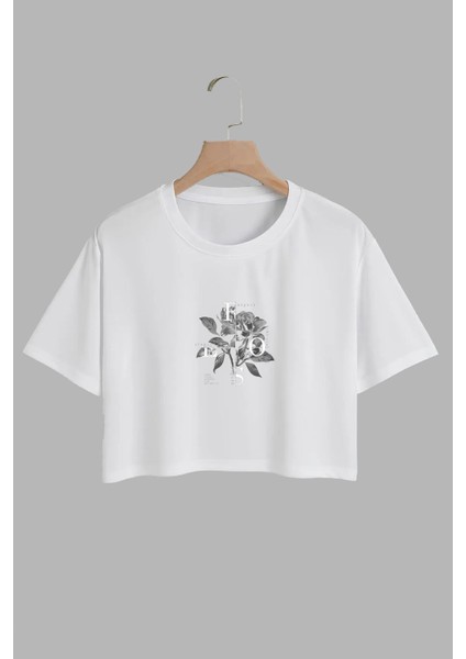 Kadın Eors Gül Tasarım Baskılı Pamuk Beyaz Oversize Crop
