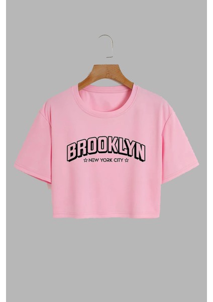 Kadın Brooklyn Tasarım Baskılı Pamuk Pembe Oversize Crop