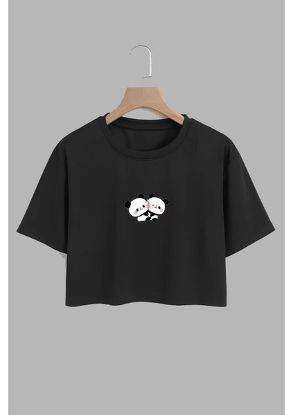 Kadın Sarılan Pandalar Tasarım Baskılı Pamuk Sıyah Oversize Crop