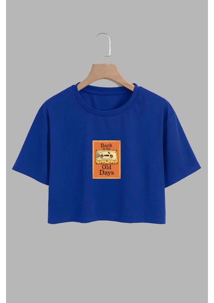 Kadın Back Old Days Tasarım Baskılı Pamuk Saks Mavi Oversize Crop