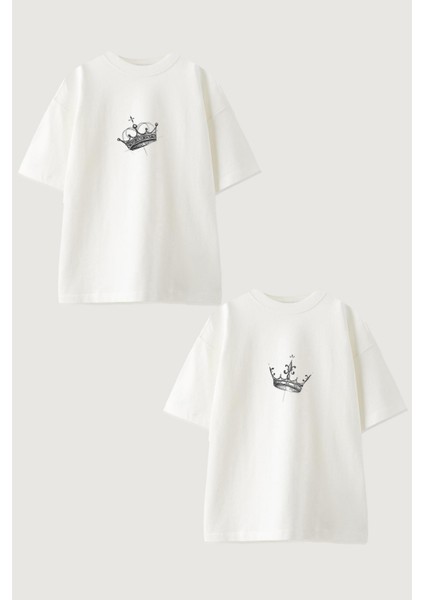 Kadın Erkek Unisex Kral Kralice Sevgili Çift Kombini Oversize Beyaz Tshirt 2'li Takım