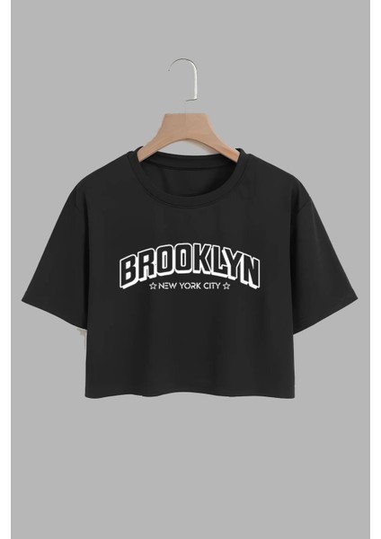 Kadın Brooklyn Tasarım Baskılı Pamuk Sıyah Oversize Crop