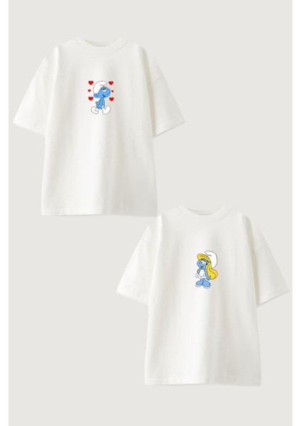 Kadın Erkek Unisex Sevgili Sirinler Sevgili Çift Kombini Oversize Beyaz Tshirt 2'li Takım