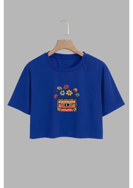Kadın Cicekli Kaset Tasarım Baskılı Pamuk Saks Mavi Oversize Crop