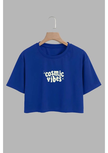 Kadın Cosmic Vibes Tasarım Baskılı Pamuk Saks Mavi Oversize Crop