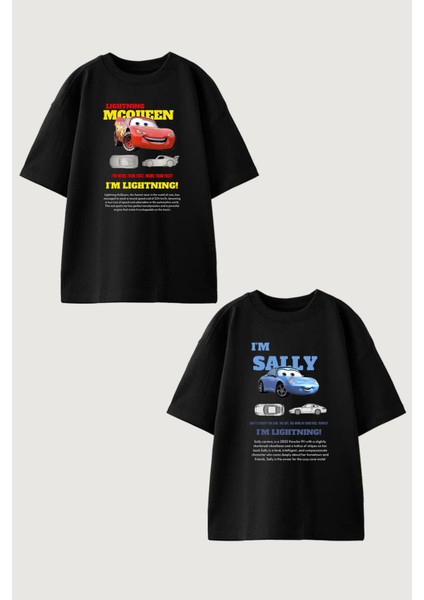 Kadın Erkek Unisex Sally & Mcqueen Cars Sevgili Çift Kombini Oversize Siyah Tshirt 2'li Takım
