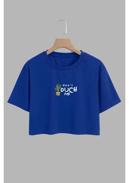 Kadın Dont Duch Me Tasarım Baskılı Pamuk Saks Mavi Oversize Crop