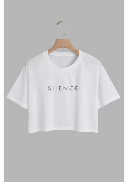 Kadın Sılence Tasarım Baskılı Pamuk Beyaz Oversize Crop