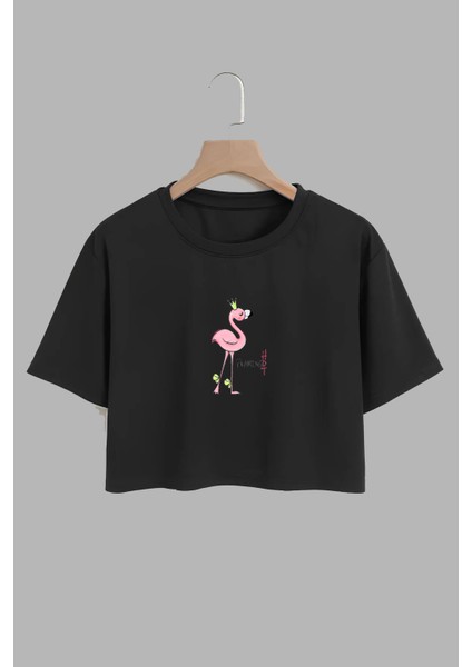 Kadın Flaming Hot Tasarım Baskılı Pamuk Sıyah Oversize Crop
