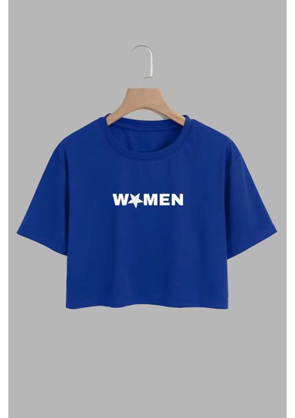 Kadın Women Tasarım Baskılı Pamuk Saks Mavi Oversize Crop