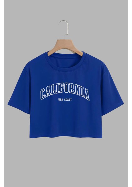 Kadın Calıfornıa Tasarım Baskılı Pamuk Saks Mavi Oversize Crop