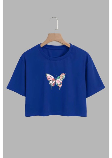 Kadın Cicekli Kelebek Tasarım Baskılı Pamuk Saks Mavi Oversize Crop